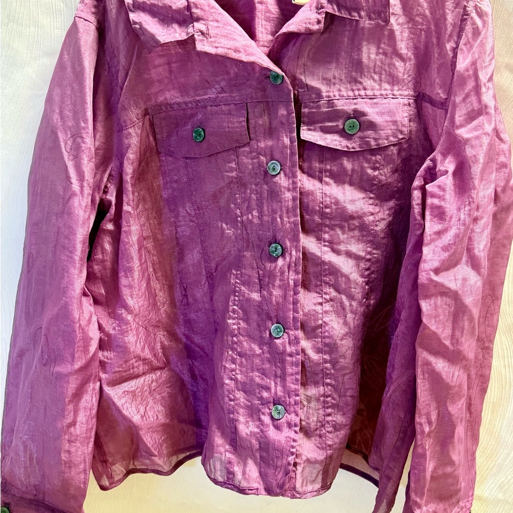 French Laundry Woman Magenta Sheer Button Up Shirt 1X Shiny Nylon Rayon Blouse
